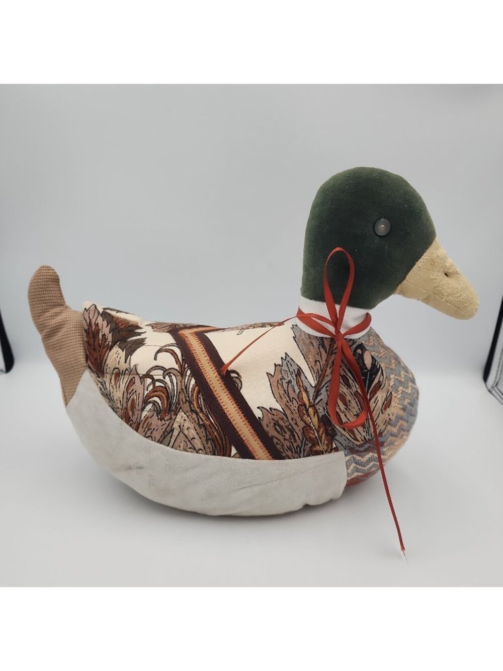 Vintage Mallard Duck Throw Pillow Plush Wool Tweed Calico Weighted Blue, Rust